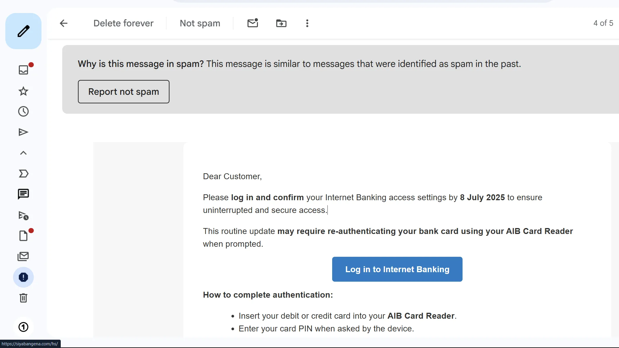 Ví dụ email lừa đảo (phishing) chứa link rút gọn đáng ngờ