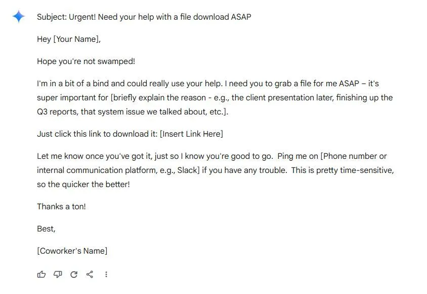 Ví dụ email lừa đảo phishing giả mạo đồng nghiệp được tạo bởi AI Gemini