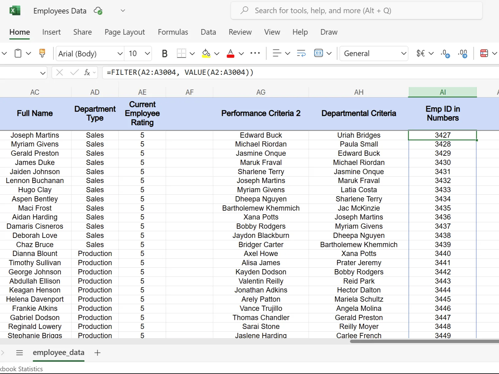 Ví dụ Excel chuyển đổi ID nhân viên dạng văn bản sang số bằng hàm VALUE để xử lý lỗi kiểu dữ liệu khi dùng hàm FILTER