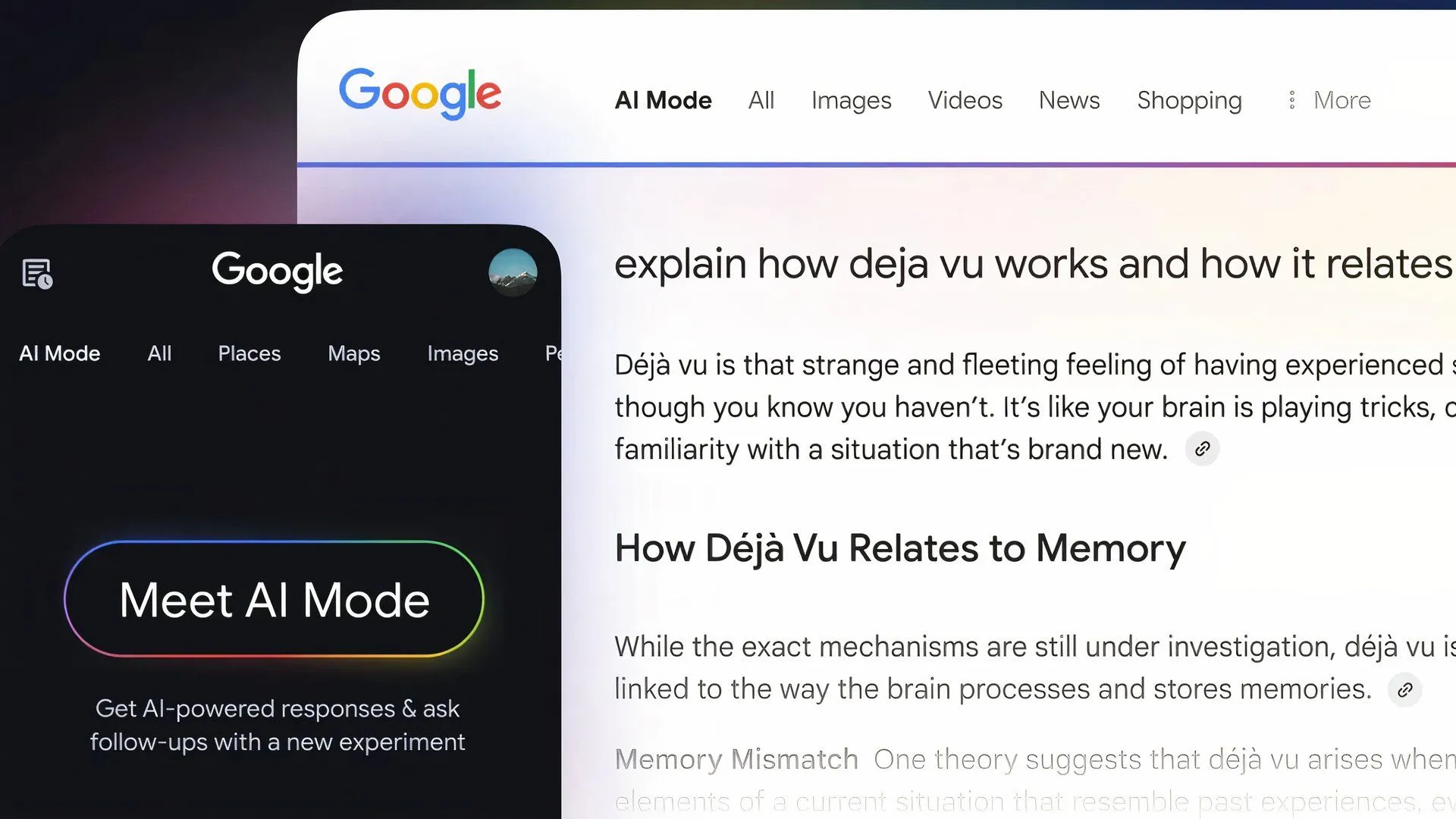 Ví dụ giao diện Google Search với tab AI Mode mới, hiển thị kết quả tìm kiếm được tổng hợp bởi AI