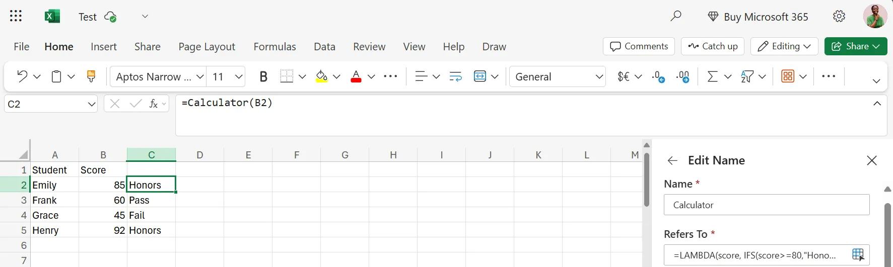 Ví dụ hàm LAMBDA Score Calculator trong Excel