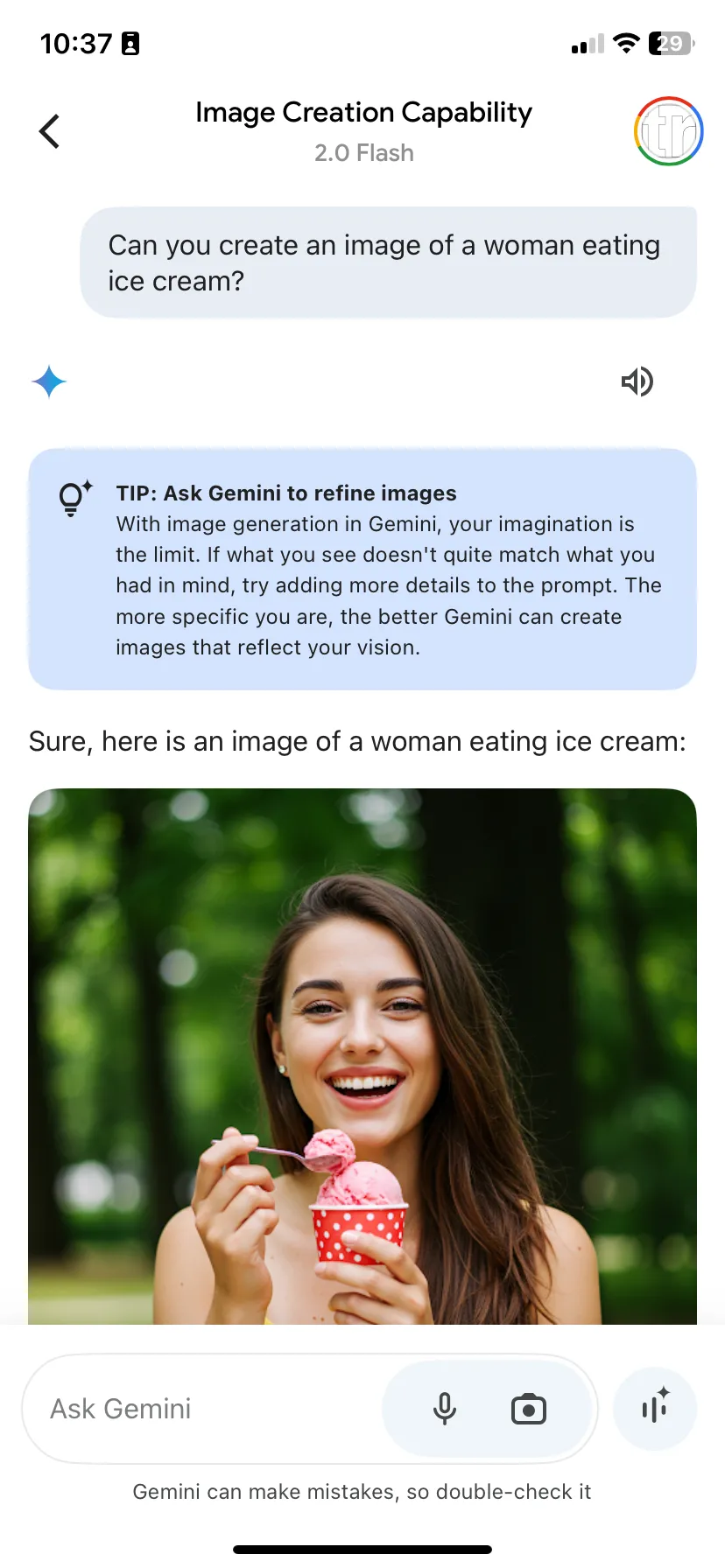Ví dụ hình ảnh AI chất lượng cao được Gemini tạo ra về một phụ nữ đang ăn kem