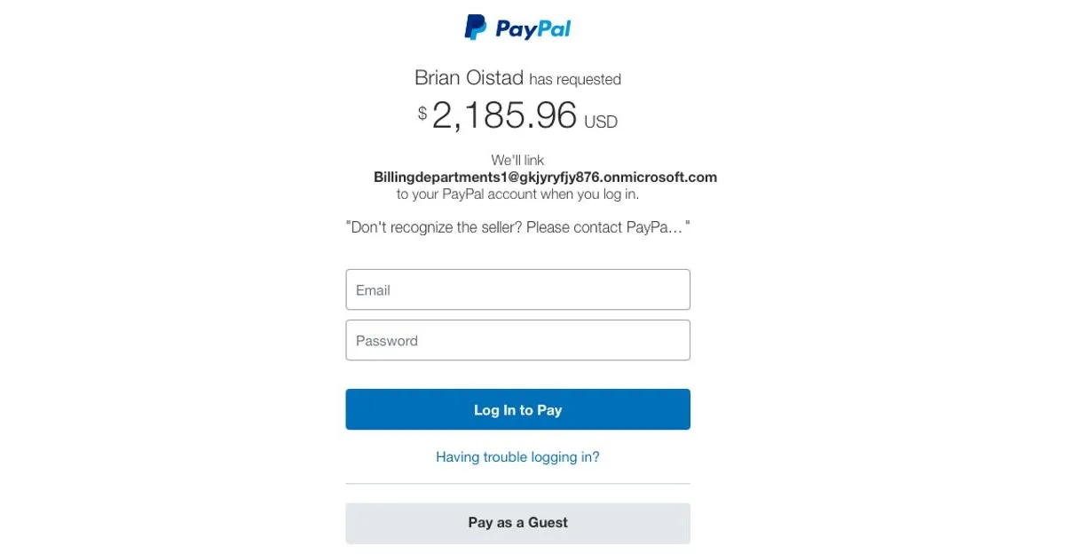 Ví dụ hình ảnh email lừa đảo PayPal yêu cầu người dùng liên kết tài khoản với số tiền lớn