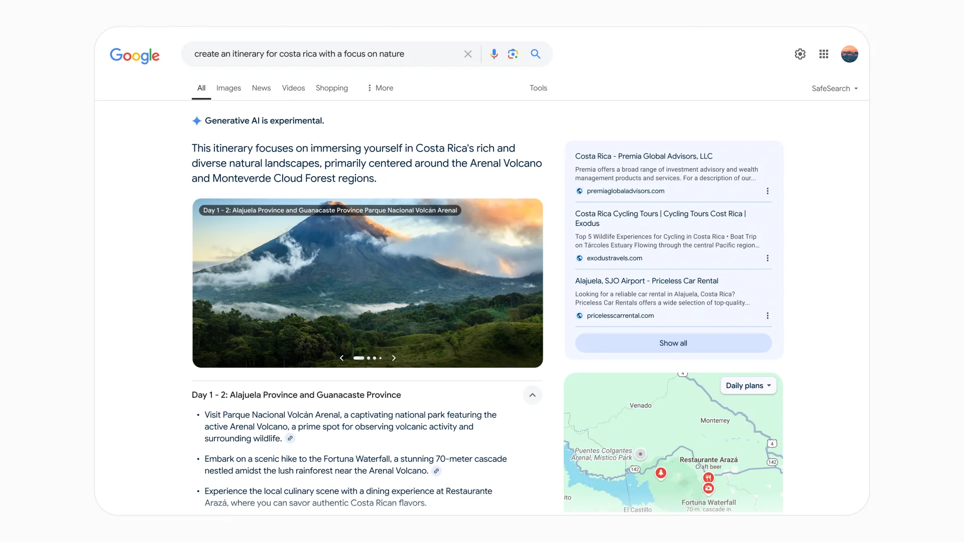 Ví dụ về các ý tưởng chuyến đi và lịch trình du lịch được tạo bởi AI Overviews trong Google Search