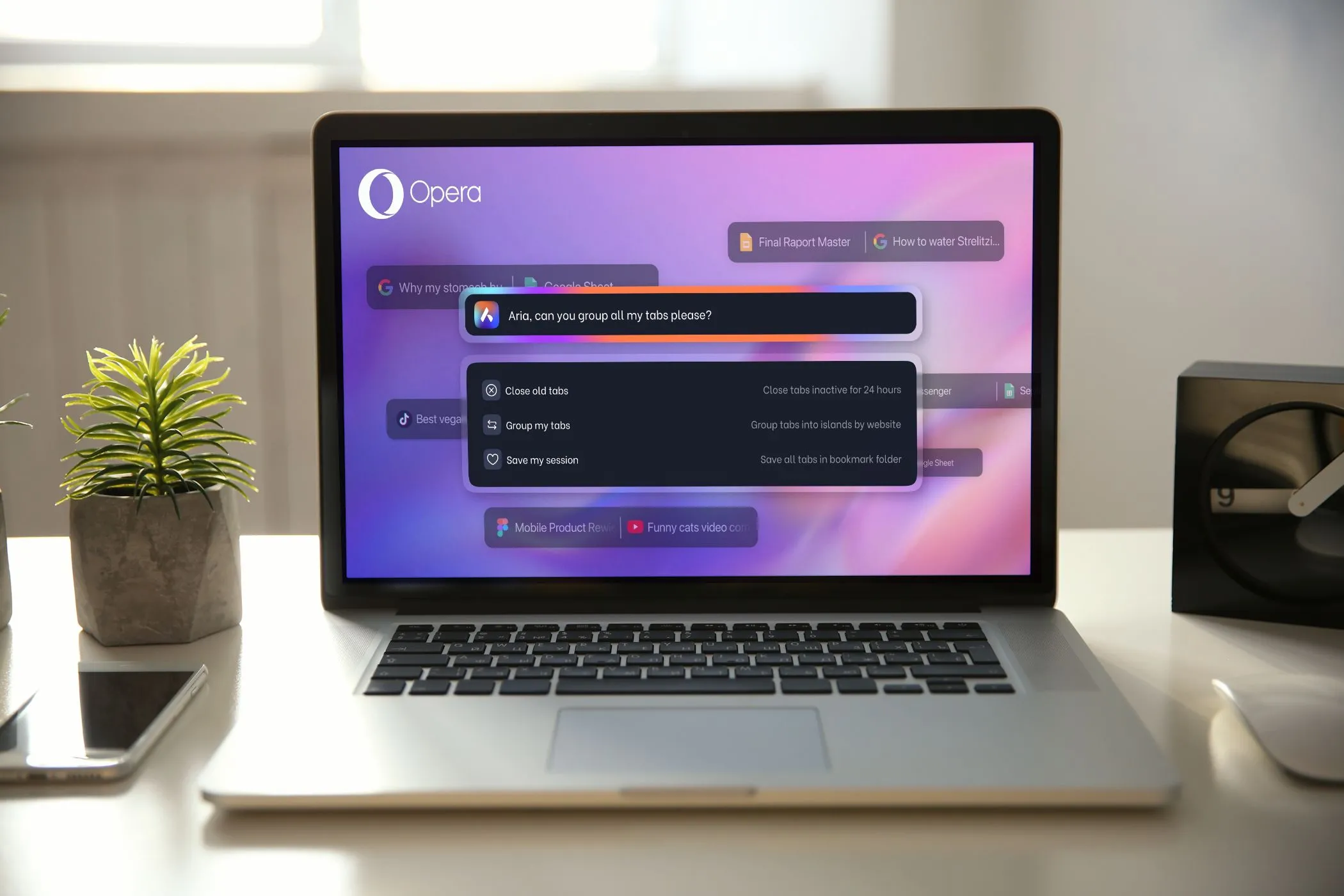 Ví dụ về lệnh AI tab Opera Aria trên màn hình laptop