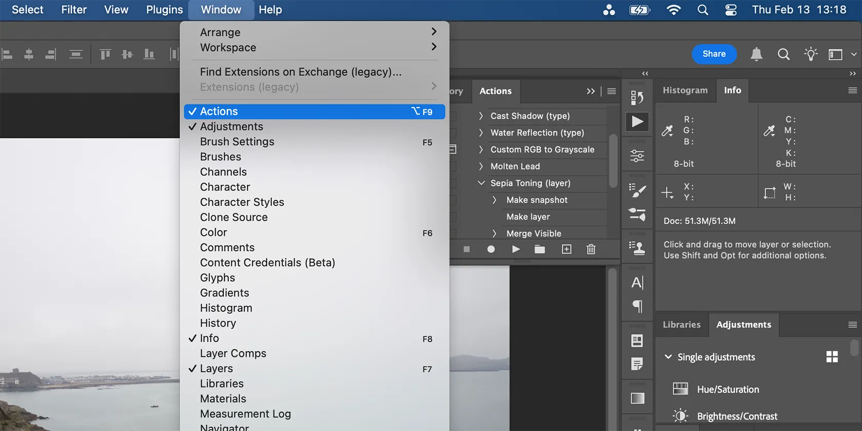 Vị trí panel Actions trong giao diện Photoshop qua menu Window