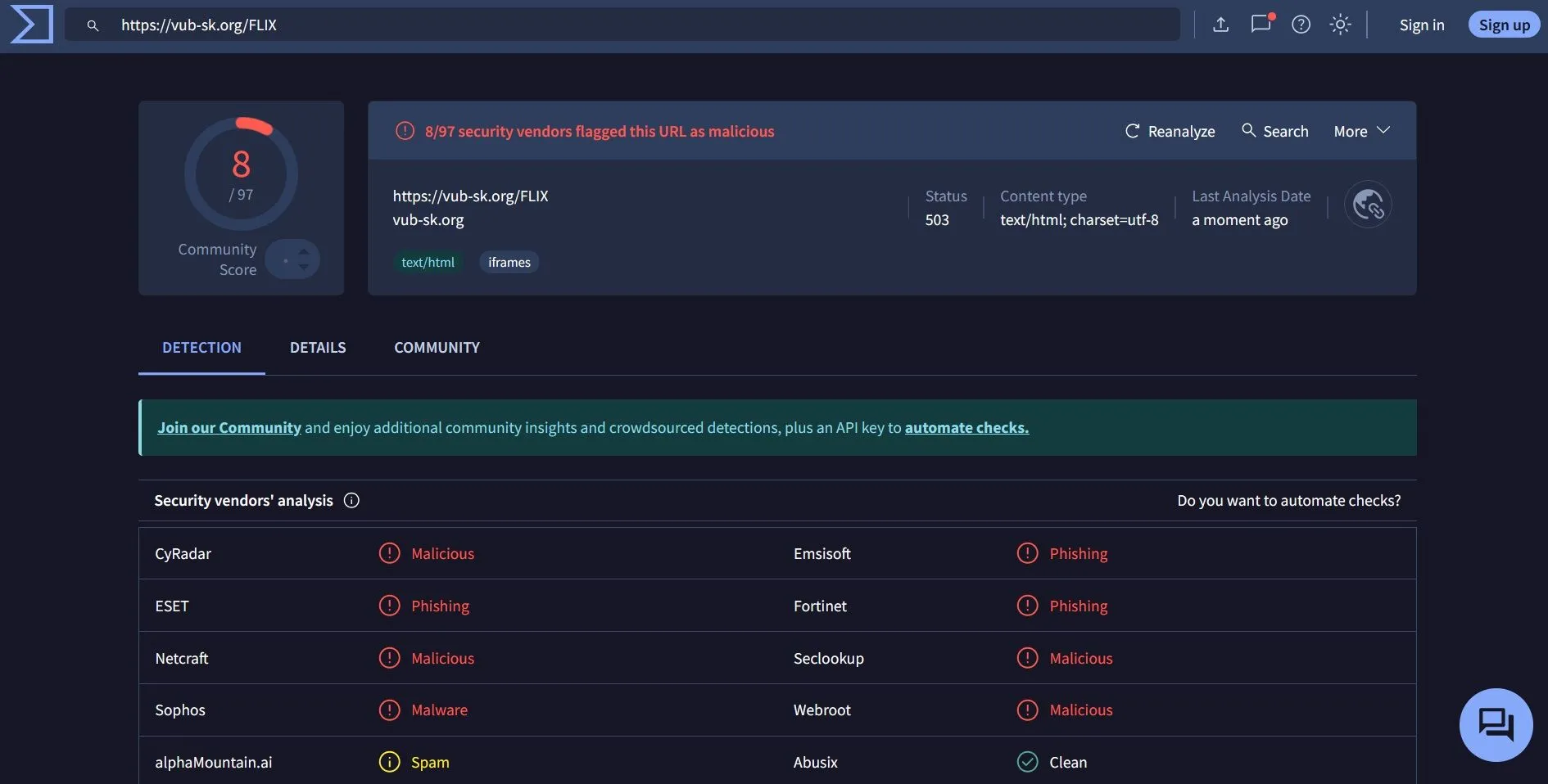 VirusTotal quét và phát hiện trang lừa đảo Netflix là độc hại.