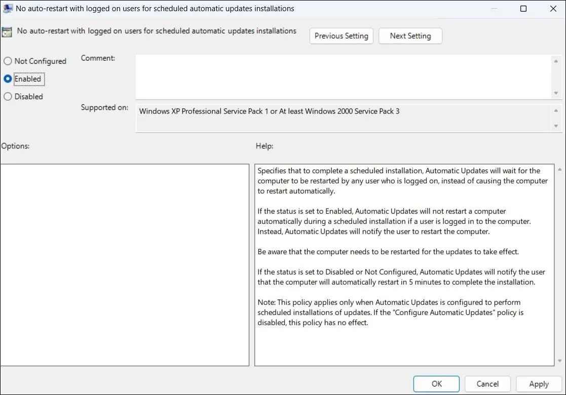 Vô hiệu hóa chính sách tự động khởi động lại sau cập nhật trong Group Policy Editor.