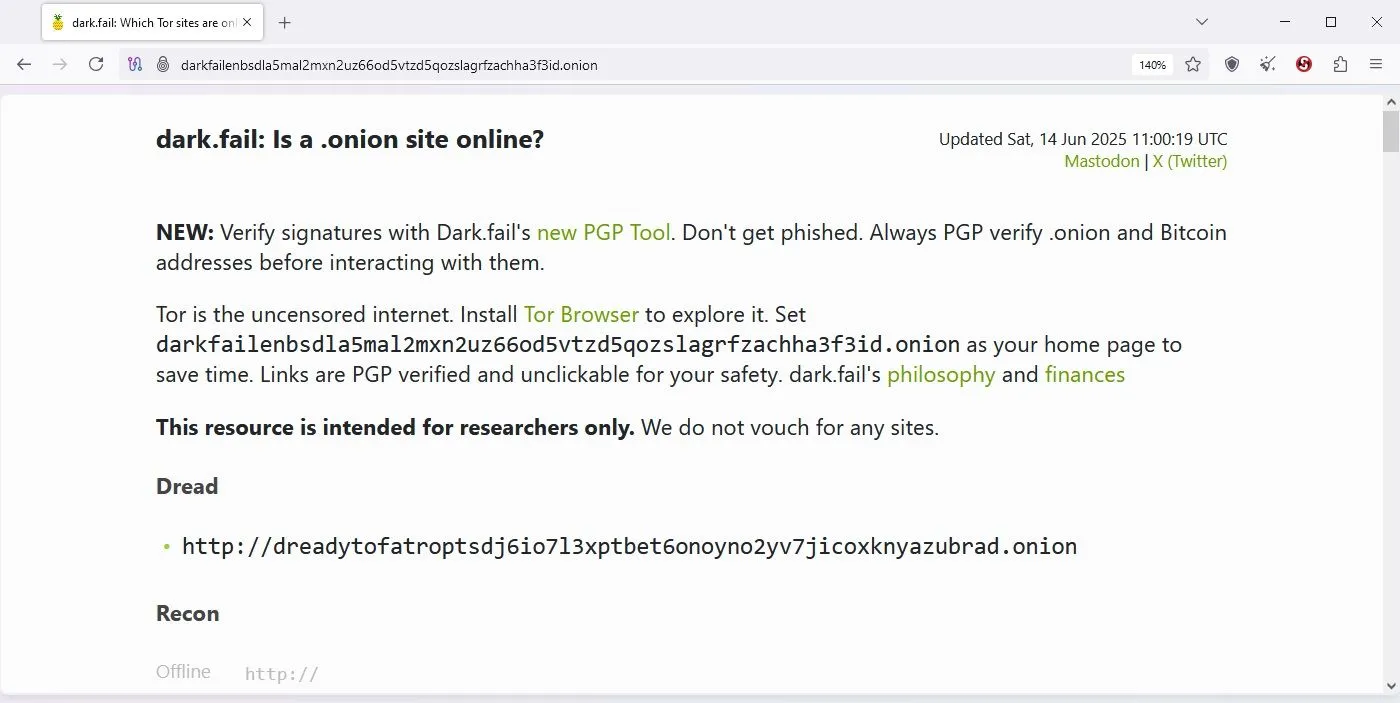 Website Dark Fail hiển thị trên trình duyệt Tor, minh họa nội dung của dark web không chỉ giới hạn ở các hoạt động bất hợp pháp