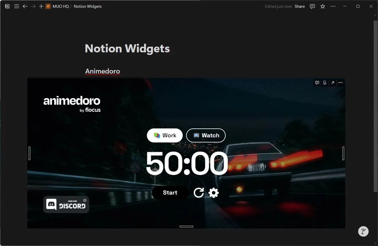 Widget Animedoro hoạt động trong Notion với giao diện hẹn giờ Pomodoro chủ đề Anime