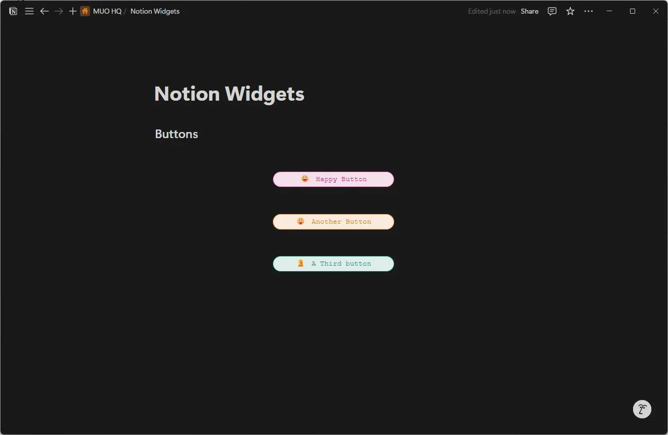 Widget Buttons hiển thị các nút bấm tùy chỉnh làm lối tắt trong Notion