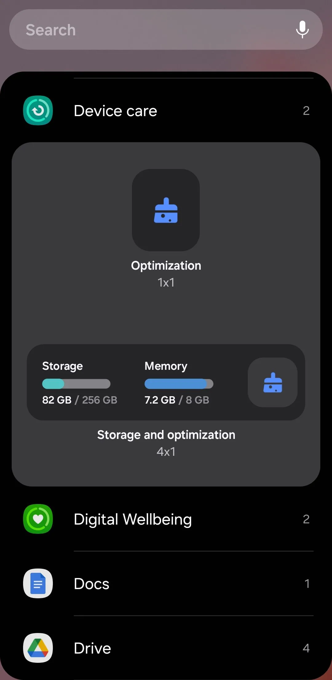 Widget Chăm sóc thiết bị (Device Care) của Samsung trên Android hiển thị bộ nhớ đã sử dụng và nút tối ưu hóa.