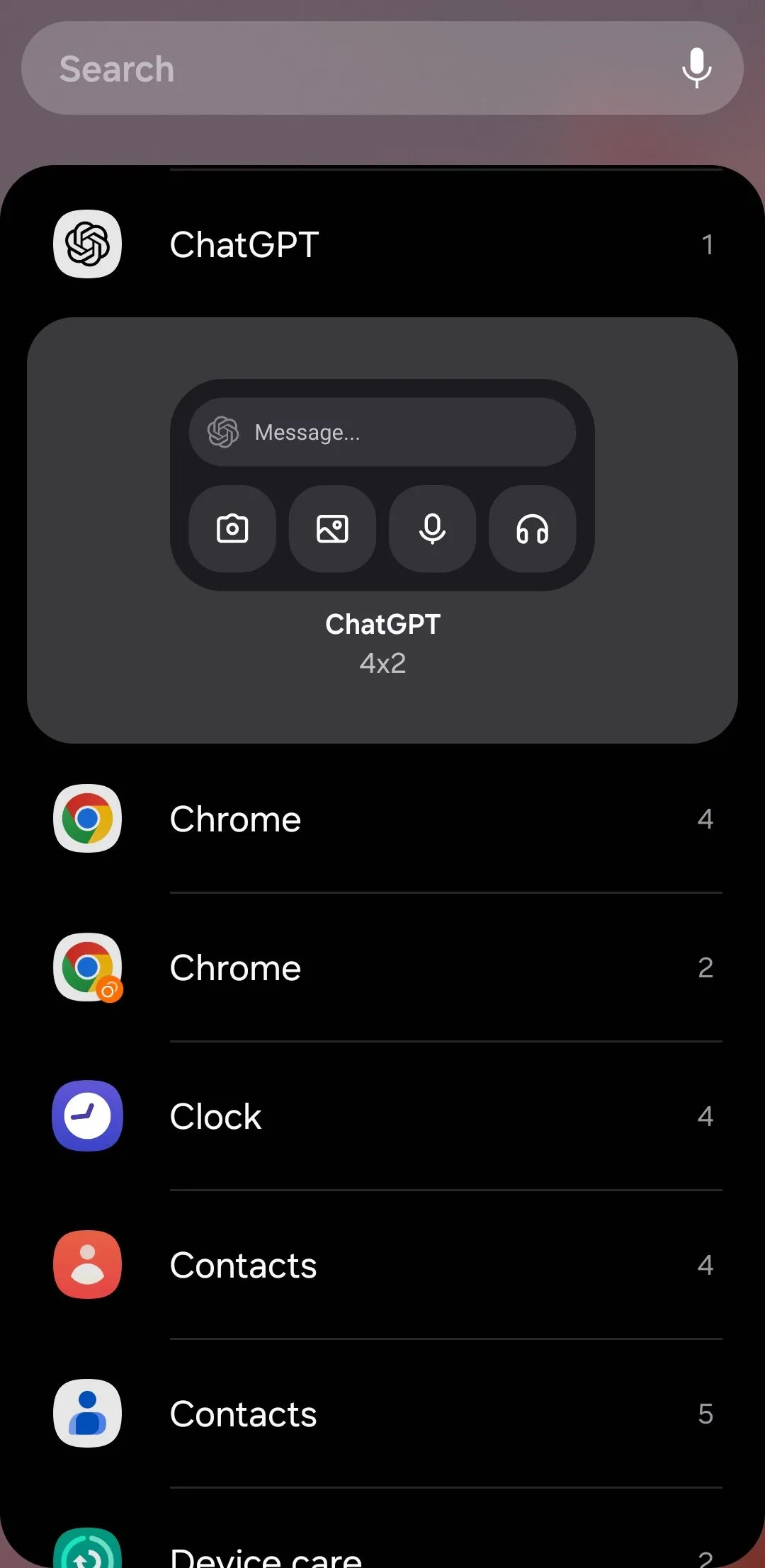 Widget ChatGPT trên điện thoại Android với các tùy chọn nhập liệu bằng văn bản, giọng nói và hình ảnh.