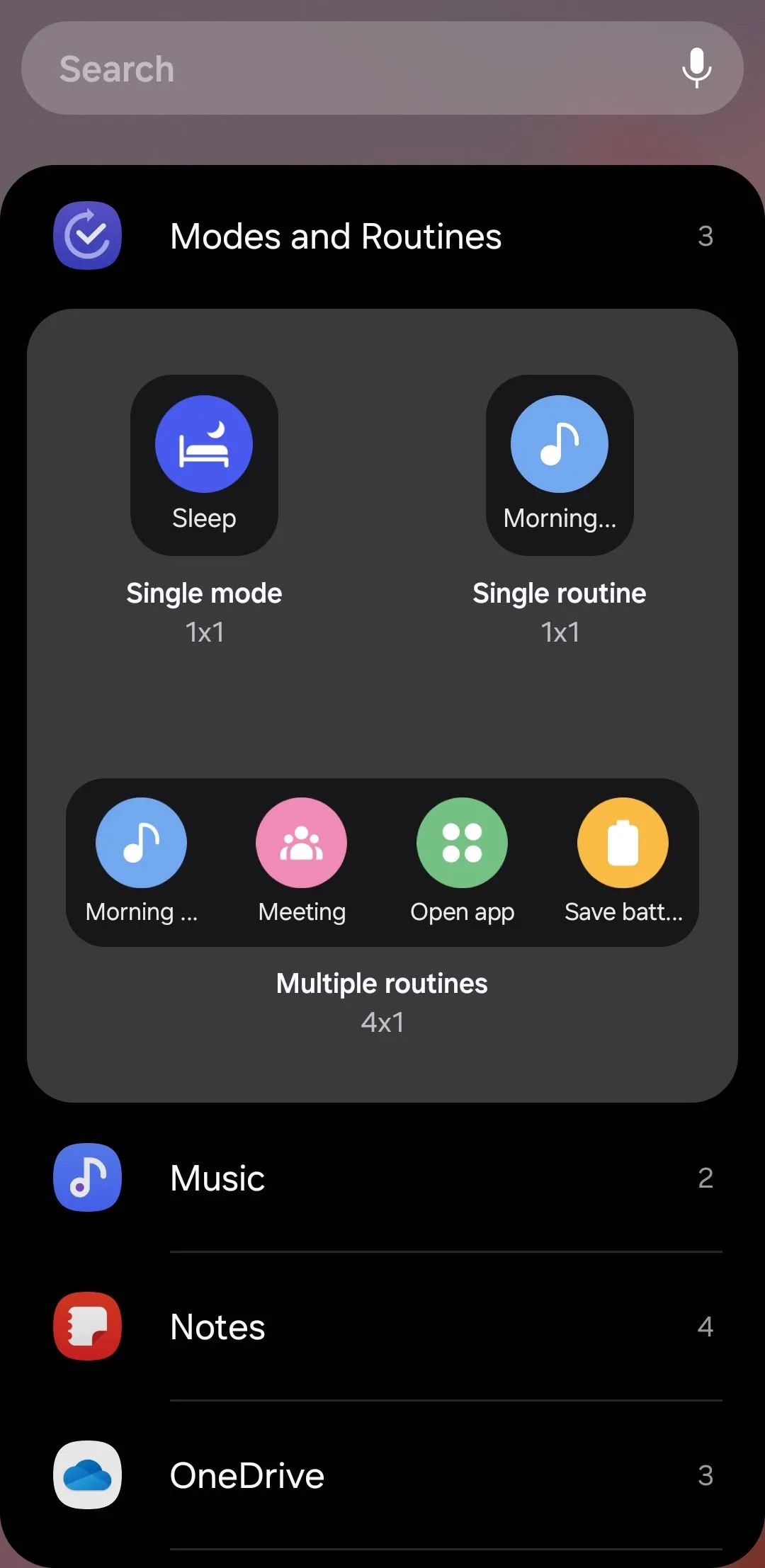 Widget Chế độ và Thói quen (Modes and Routines) của Samsung cho phép kích hoạt nhanh các thiết lập tự động hóa.