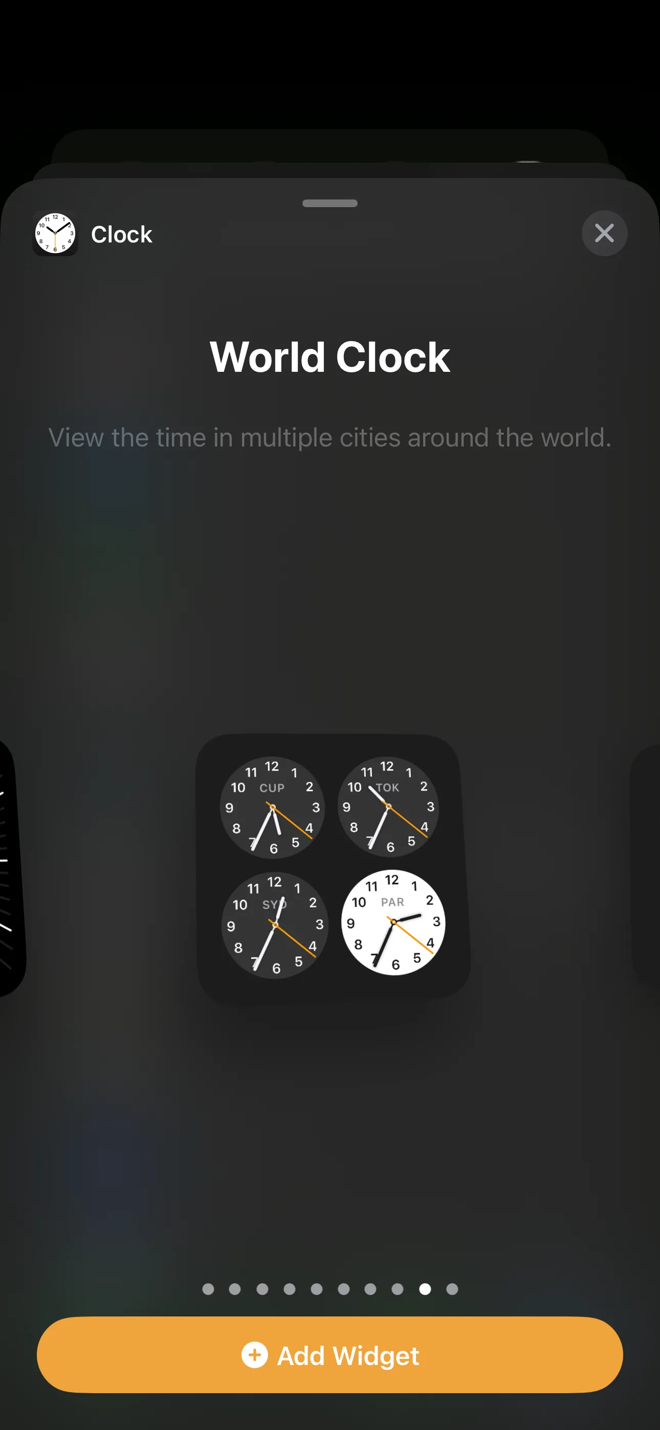 Widget Đồng hồ Thế giới hình vuông hiển thị trên Màn hình chính iPhone