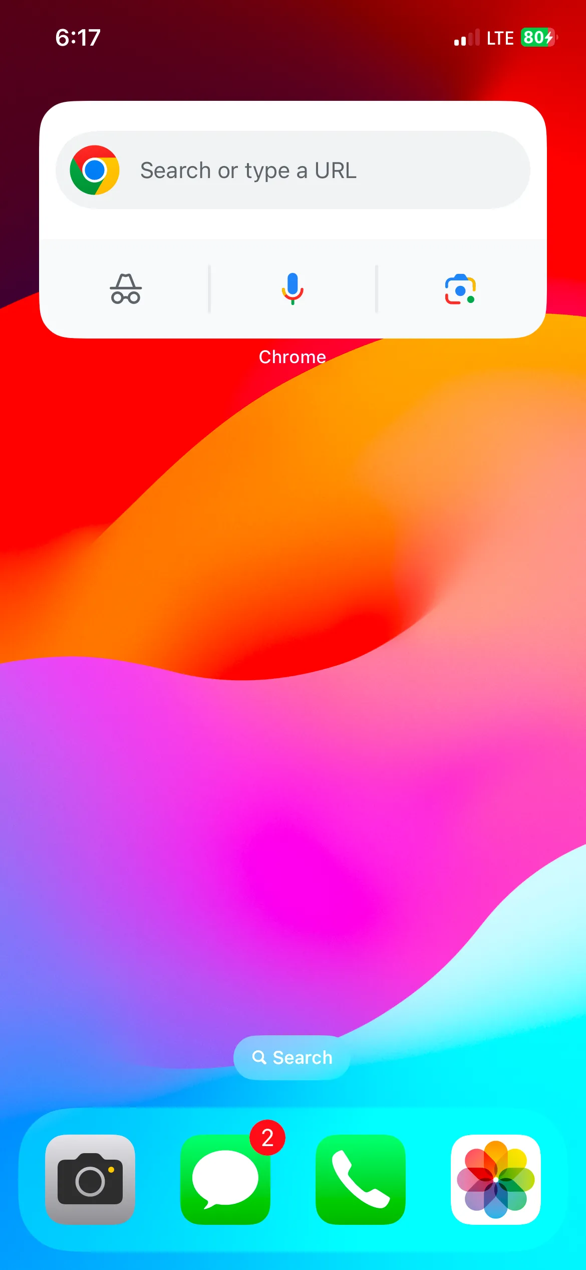 Widget Google Chrome trên màn hình chính iPhone với các tùy chọn truy cập nhanh như tìm kiếm, chế độ ẩn danh