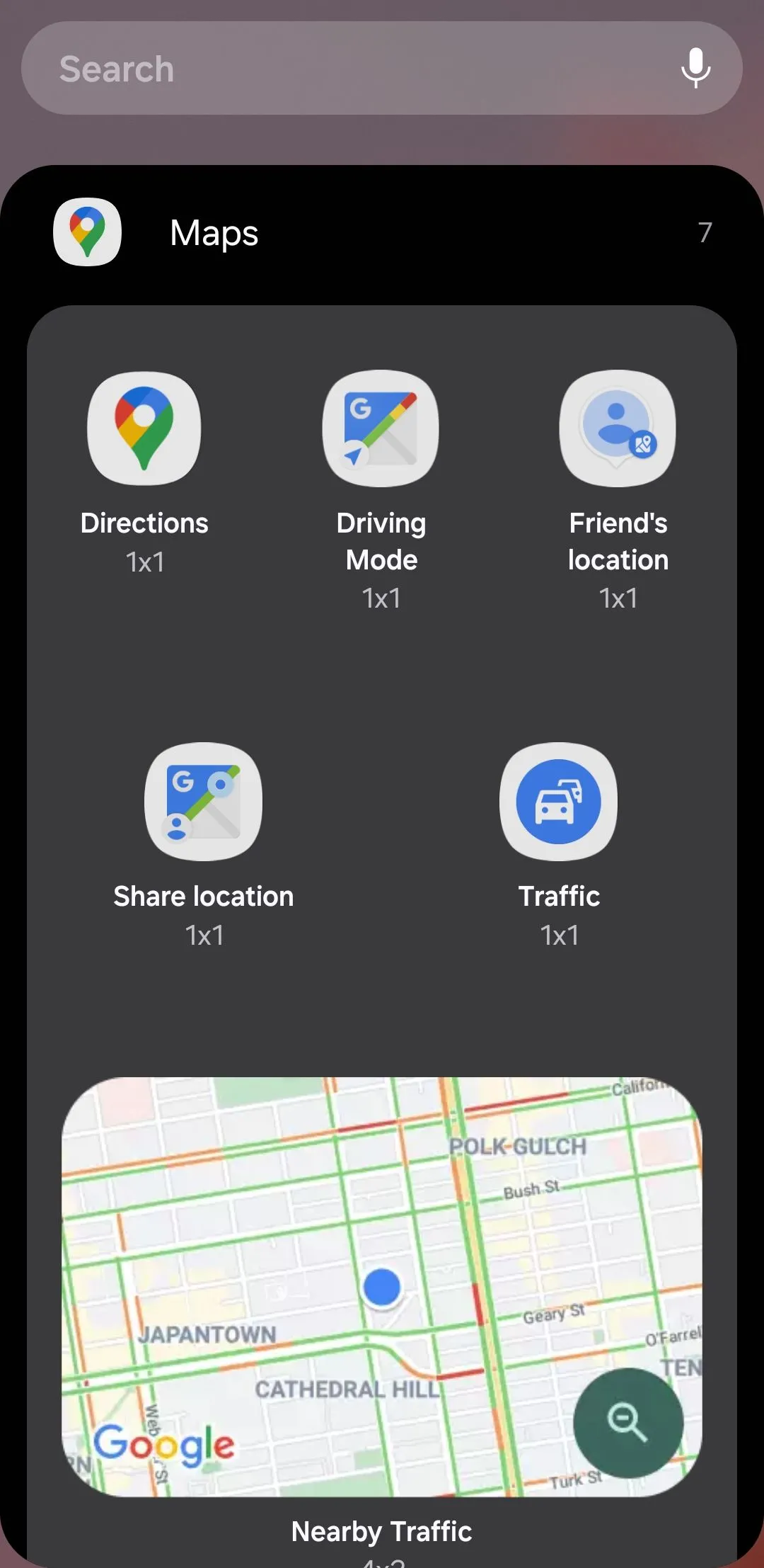 Widget Google Maps hiển thị tình hình giao thông khu vực lân cận trên màn hình chính Android.
