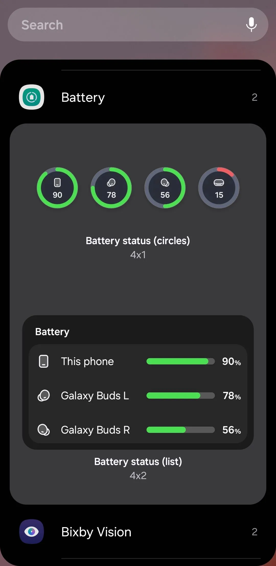 Widget hiển thị tình trạng pin của điện thoại, tai nghe Galaxy Buds và đồng hồ Galaxy Watch.