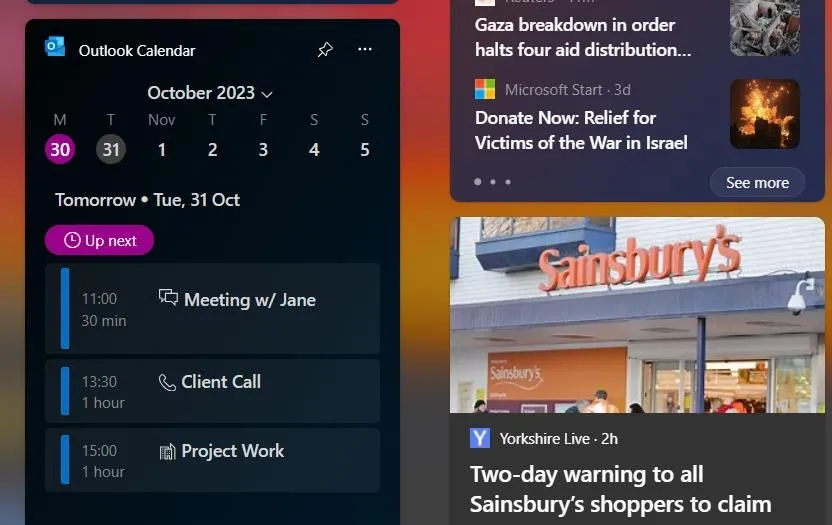 Widget Lịch Outlook trên Windows 11 hiển thị các sự kiện sắp tới