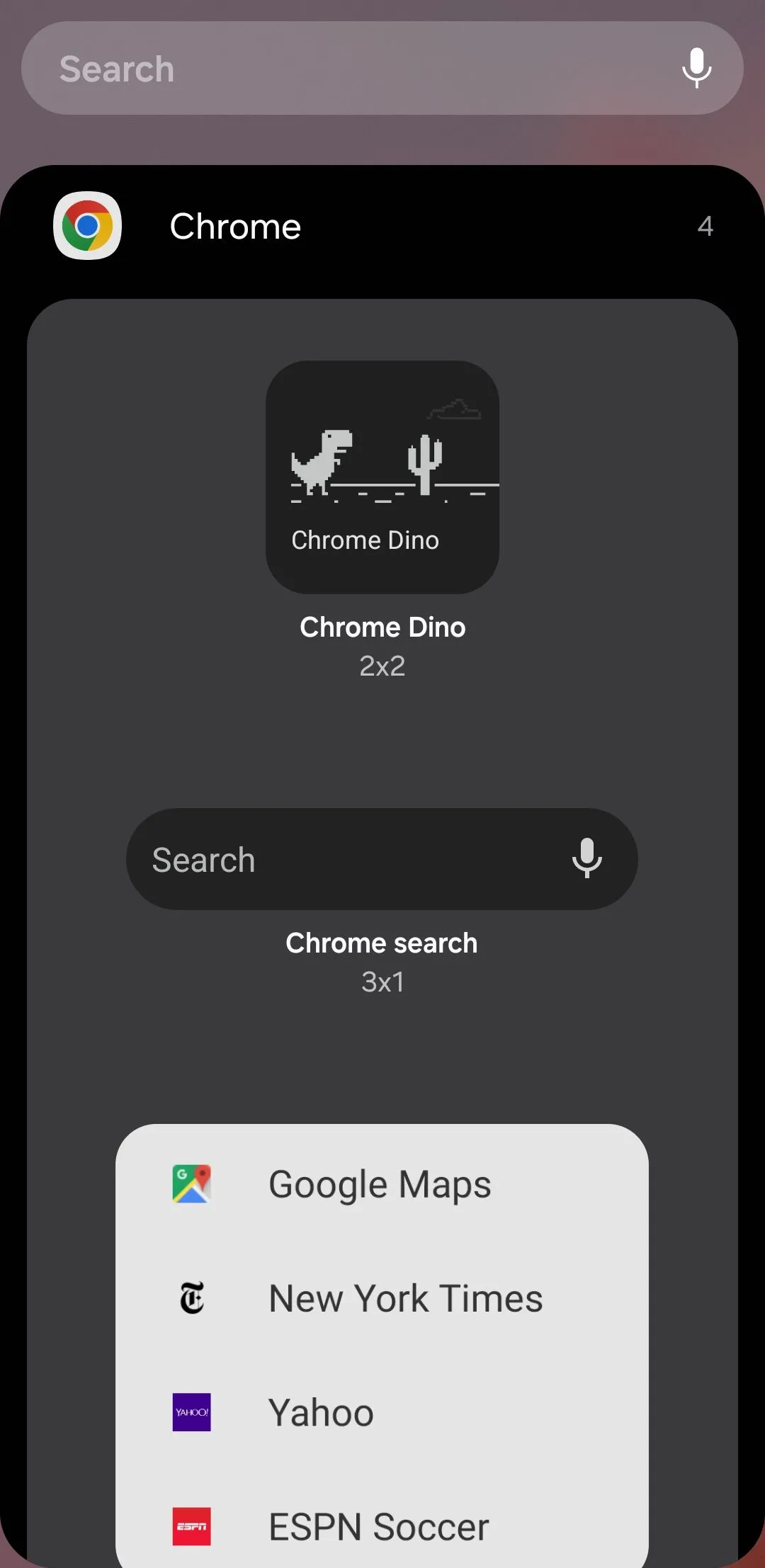 Widget phím tắt Google Chrome trên Android, cung cấp tùy chọn tìm kiếm, mở tab ẩn danh và trò chơi Dino.