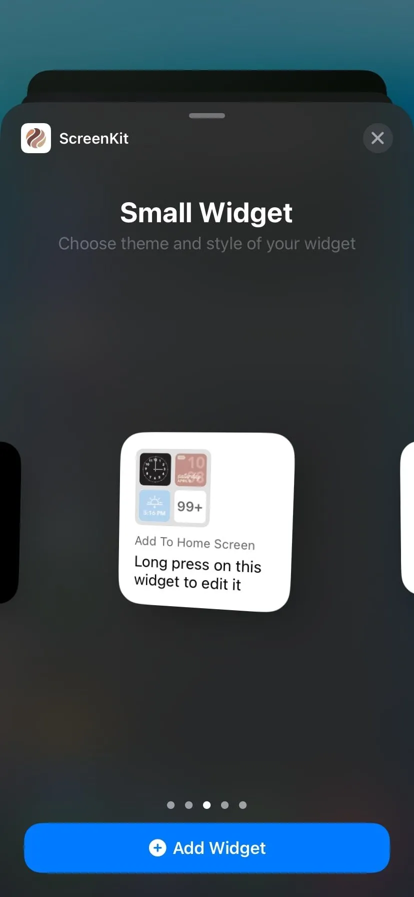 Widget ScreenKit hiển thị trên màn hình tiện ích iPhone, tạo điểm nhấn thẩm mỹ cho giao diện.